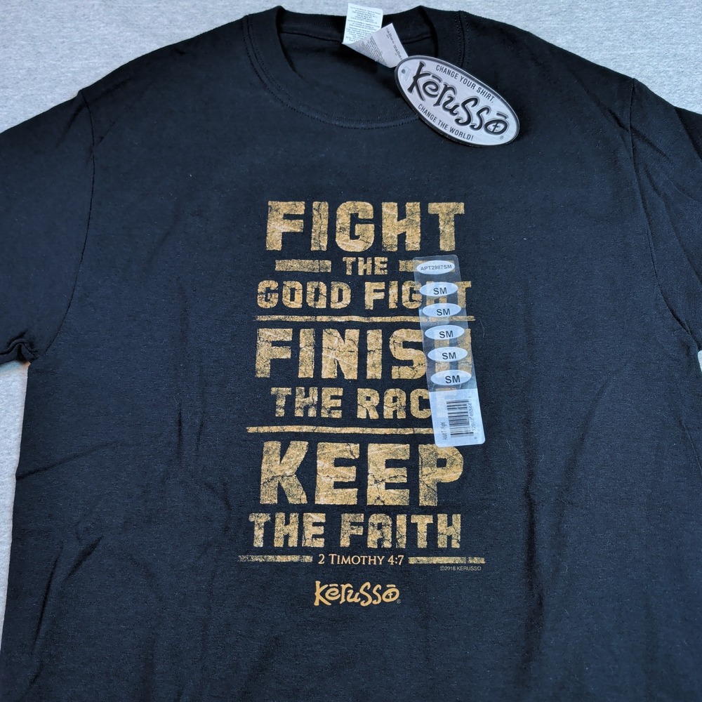 Kerusso Fight the Good Fight 2 Timothy 4:7 Christian T-Shirt Black Gold Small